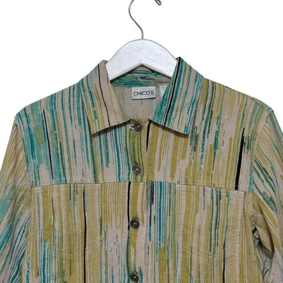 Chico's Green Tan Stripe Button Down Top Jacket Women's Small 4 Chico's Size 0 - Picture 2 of 14